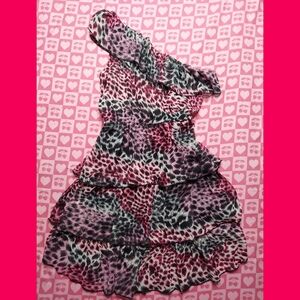 wet n wild One-Shoulder Ruffled Animal Print Dress in Pink and Black
